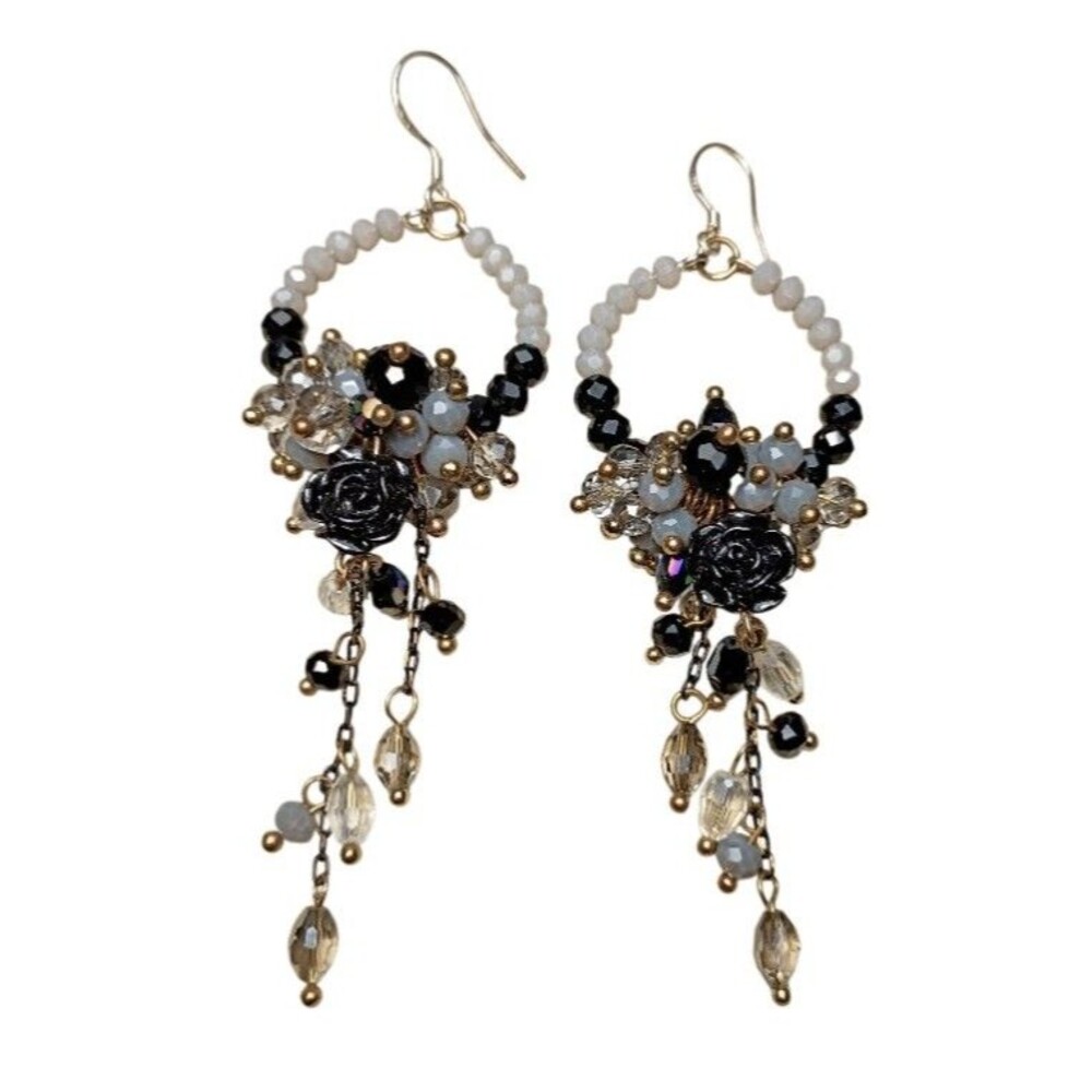 Sterling Silver Black Rose Aurora Borealis Crystal Beaded Dangle Earrings